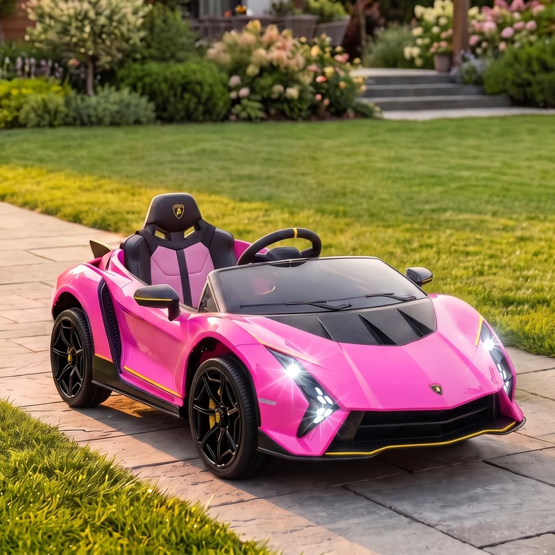 AIYAPLAY Macchina Elettrica Bambini 3-6 Anni 12V Lamborghini Autentica con 2 Motori, Porta a Forbice, Sospensioni, Rosa