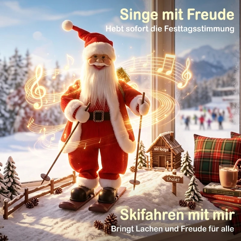 HOMCOM Singender Ski-Weihnachtsmann, 66 cm, animierte stehende Weihnachtsfigur mit Skiern, Geschenkesack und Geräusch-/Berührungsaktivierung