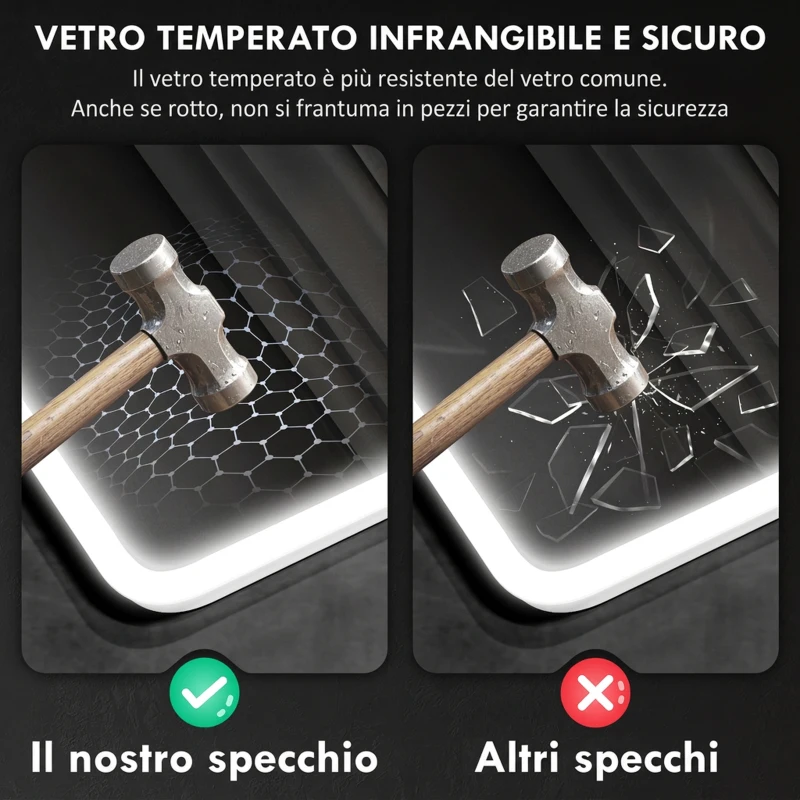 HOMCOM Specchio Bagno LED con Bluetooth, Illuminazione Regolabile e Funzione Memory, in Vetro Temperato, 80x60x3.5 cm