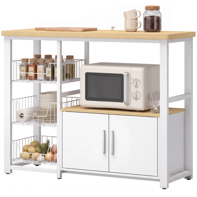 HOMCOM Estante de Cozinha com Arrumação, Suporte para Micro-ondas, Cestos Amovíveis e Armário, 100x35x80 cm, Branco