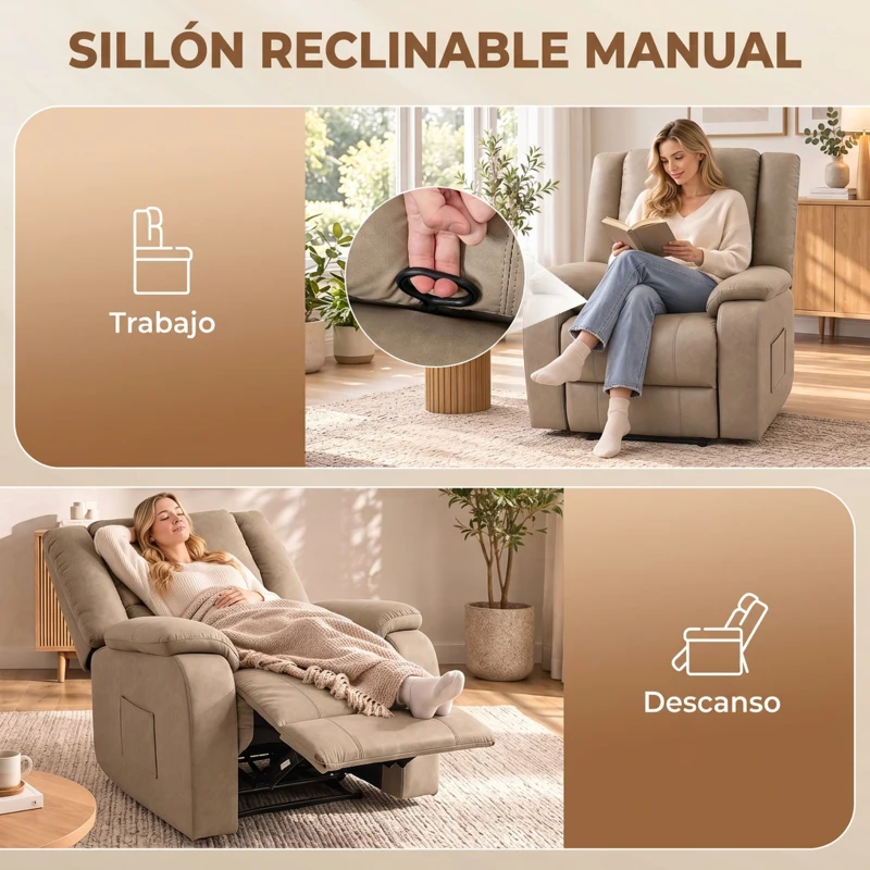 HOMCOM Sillón Relax Reclinable Manual de PU con Reposapiés Asiento Ancho Acolchado Grueso Reclinable hasta 155° Caqui