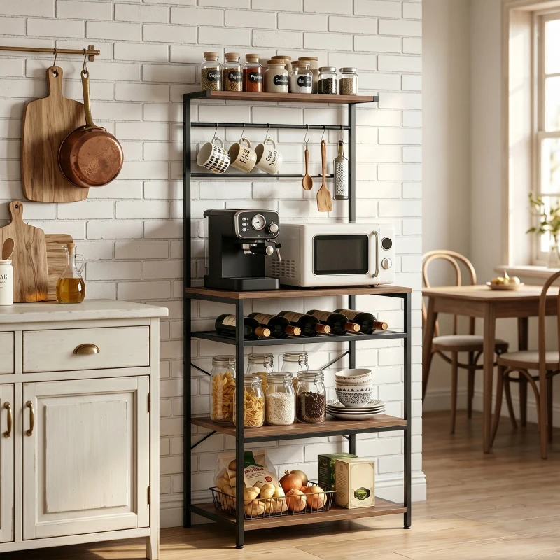 HOMCOM Scaffale Industriale con Portabottiglie e 6 Ganci, Mensola Autoportante a 5 Ripiani per Cucina, Noce