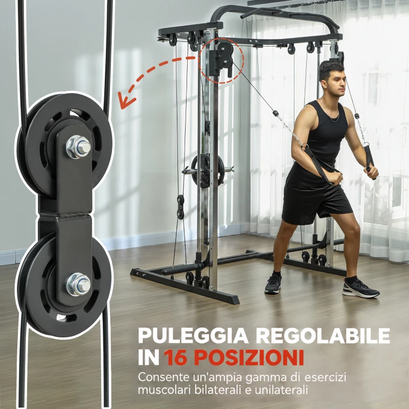 SPORTNOW 3 in 1 Palestra Multifunzione con Sistema di Cavi Incrociati, Squat Rack, Barra Bilanciere, Barre Trazioni