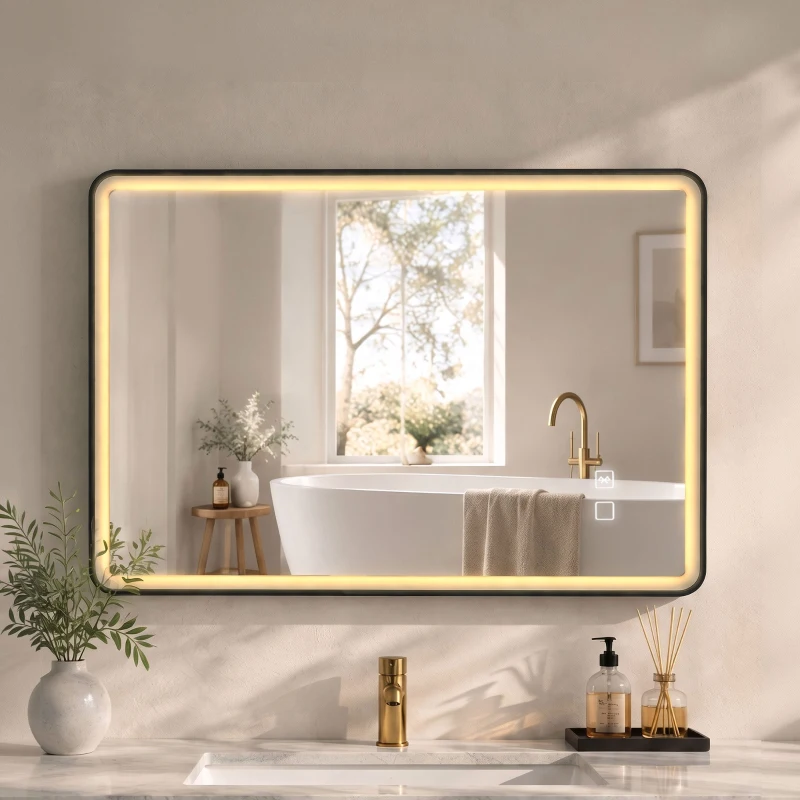 HOMCOM Specchio Bagno con Luce LED 100x70cm, 3 Colori Dimmerabili, Bluetooth, Specchio da Parete Rettangolare, Nero