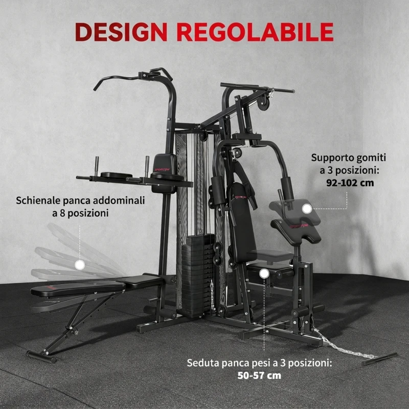 SPORTNOW Palestra Multifunzione, Stazione Fitness Multifunzione con Sistema a Pulegge, Pacco Pesi da 69 kg, Nero