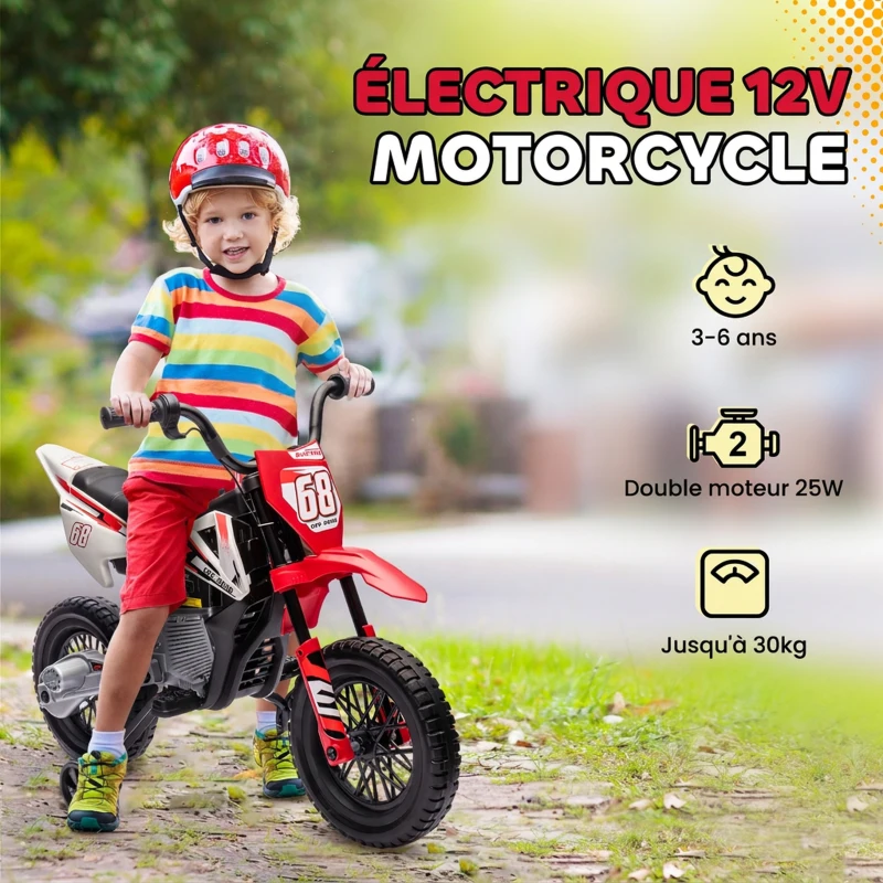 AIYAPLAY Moto électrique pour enfant moto cross pour enfants de 3 à 6 ans 2 moteurs 12V vitesse max. 5 km/h rouge
