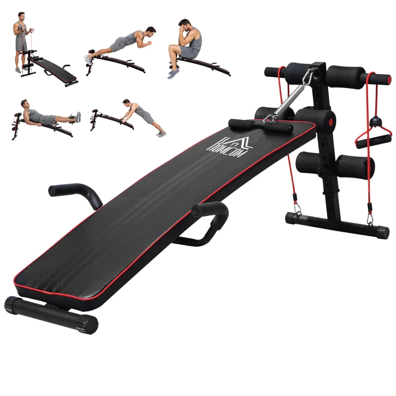 HOMCOM® ŁAWKA SIT UP DO ĆWICZEŃ MIĘŚNI BRZUCHA TAŚMA OPOROWA TRENINGOWA stal + PCV czarny + czerwony 56,5 x 135 x (50–68) cm
