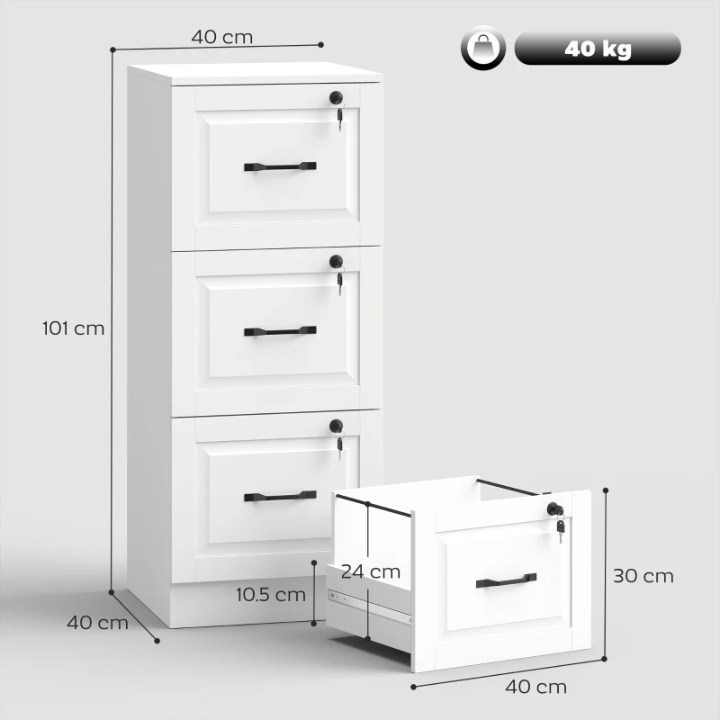 HOMCOM Cassettiera Ufficio con 3 Cassetti, Serratura e Chiavi, per Stampante Documenti Lettera/Formato A4, Bianco