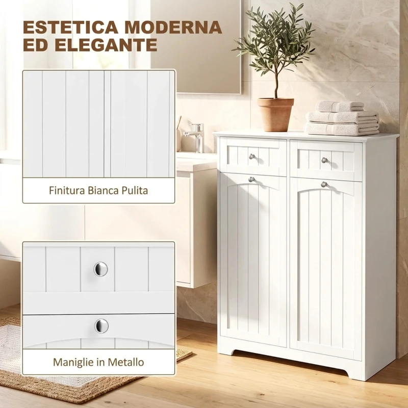 HOMCOM Mobile Bagno Basso, Mobiletto Bagno Salvaspazio con 2 Cassetti e 2 Cesti Portabiancheria, 78x38x90 cm, Bianco