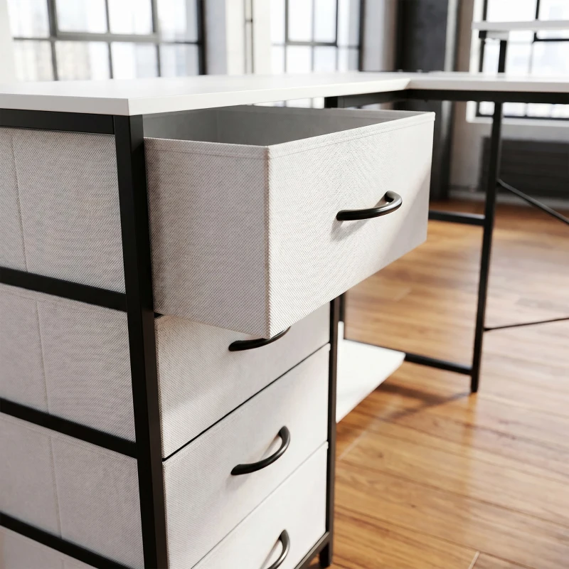 HOMCOM Scrivania Angolare con Prese, 4 Cassetti in Tessuto, Rialzo Monitor e 2 Ganci, 155x112x85.5-91.5 cm, Bianco Nero