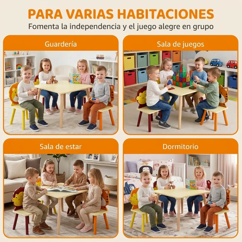 AIYAPLAY Mesa Infantil con 4 Sillas con Diseños de Animales Juego de Madera 5 Piezas para Niños y Niñas 3-8 Años Amarillo