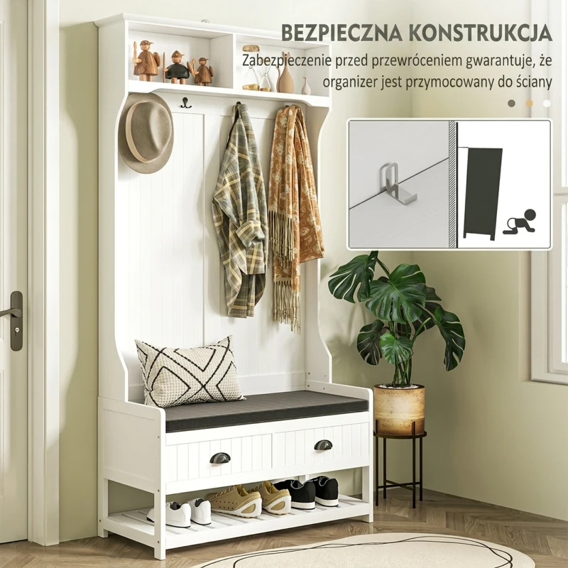 HOMCOM 2 w 1 wieszak na ubrania, wieszak na ubrania z 4 wieszakami, garderoba z ławką na buty i półkami, wieszak na ubrania z zabezpieczeniem antyprzechyleniowym, do przedpokoju, korytarza, sypialni, biały + szary