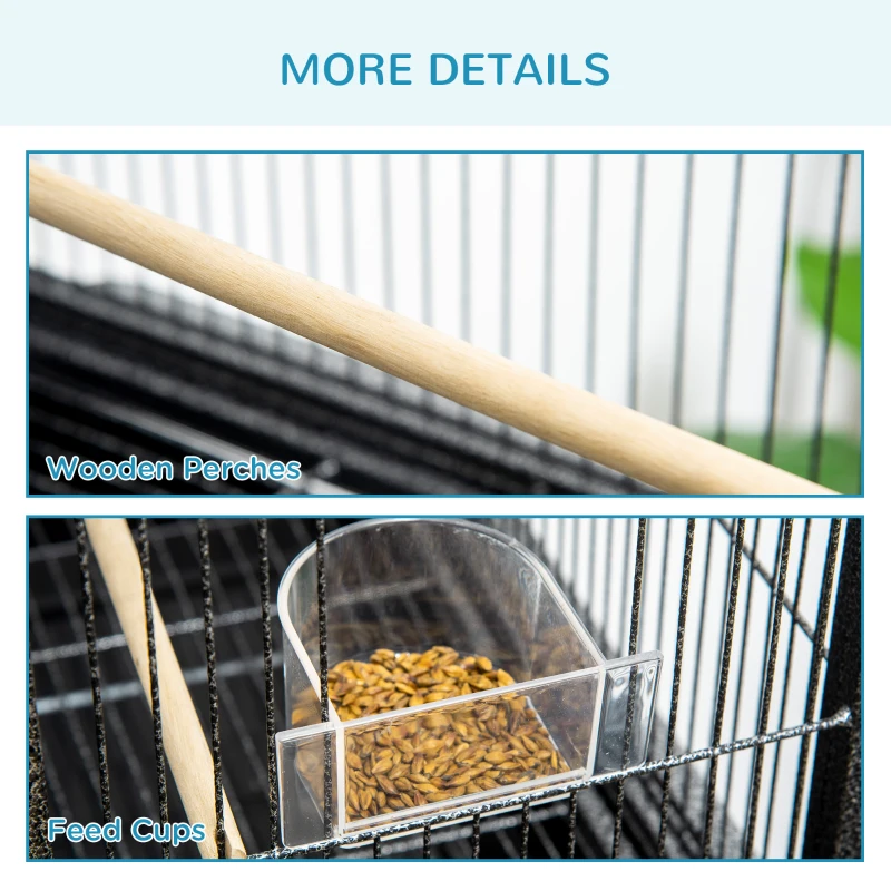 PawHut Cage à Oiseaux Portable avec 4 Mangeoires et 4 Perchoirs Pratique 81 x 48 x 162,5 cm Noir et Gris