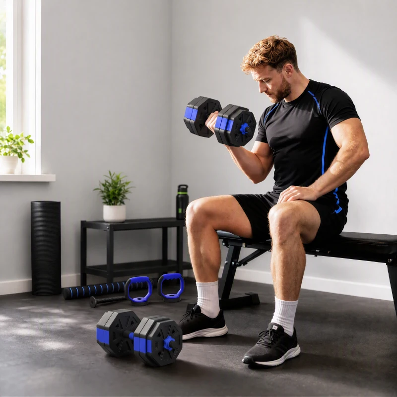 SPORTNOW Set Pesi da Palestra 6 in 1 in Plastica e Sabbia Utilizzabile come Kettlebell Manubri Bilanciere Supporto Blu