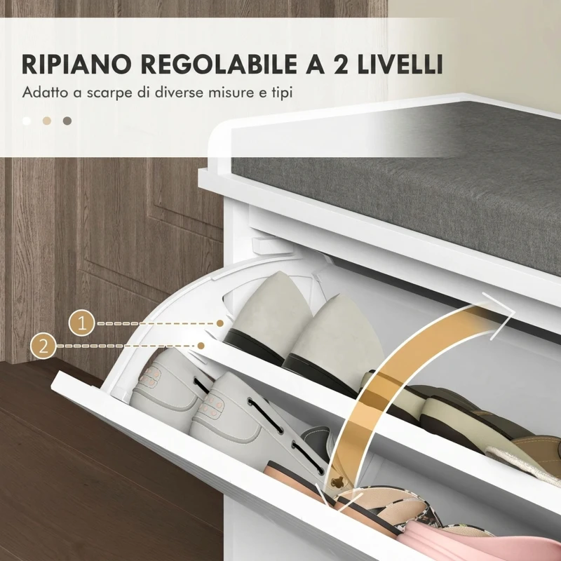 HOMCOM Panca Scarpiera Salvaspazio con Cassetto Ribaltabile, Cuscino e Ripiano Regolabile per 10 Paia di Scarpe, Bianco