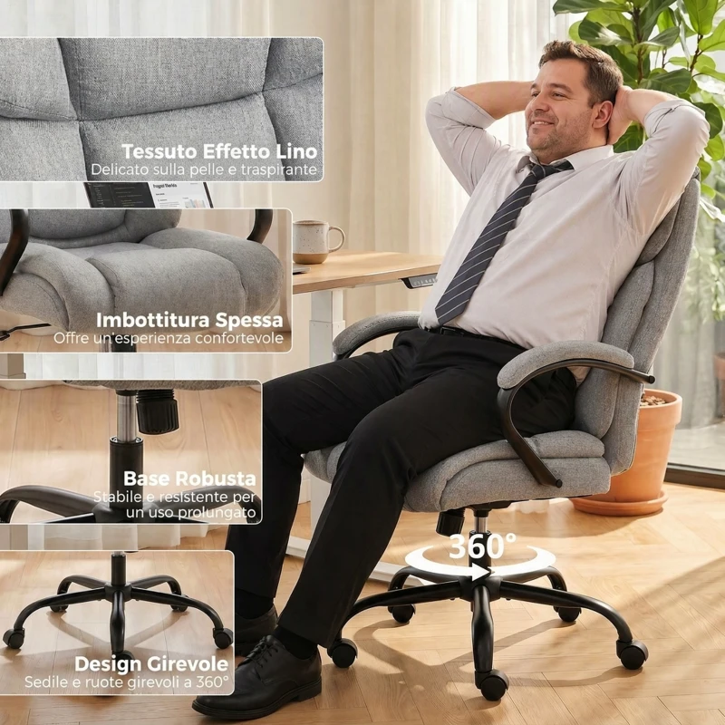 Vinsetto Sedia Ufficio Ergonomica in Tessuto Effetto Lino, Portata 220kg, Girevole, Altezza Regolabile, Grigio Chiaro