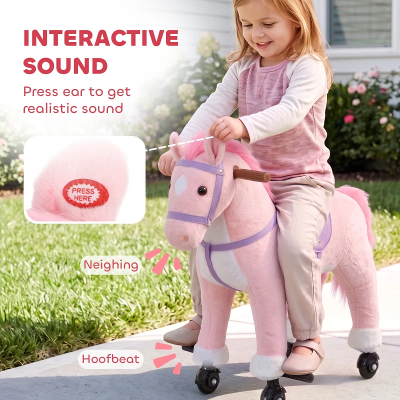 AIYAPLAY Rocking Horse, Plush Ride On Horse with Hoof Sounds, Music, Rolling Wheels and Pedal for 3-7 Years, Up to 50kg, Pink