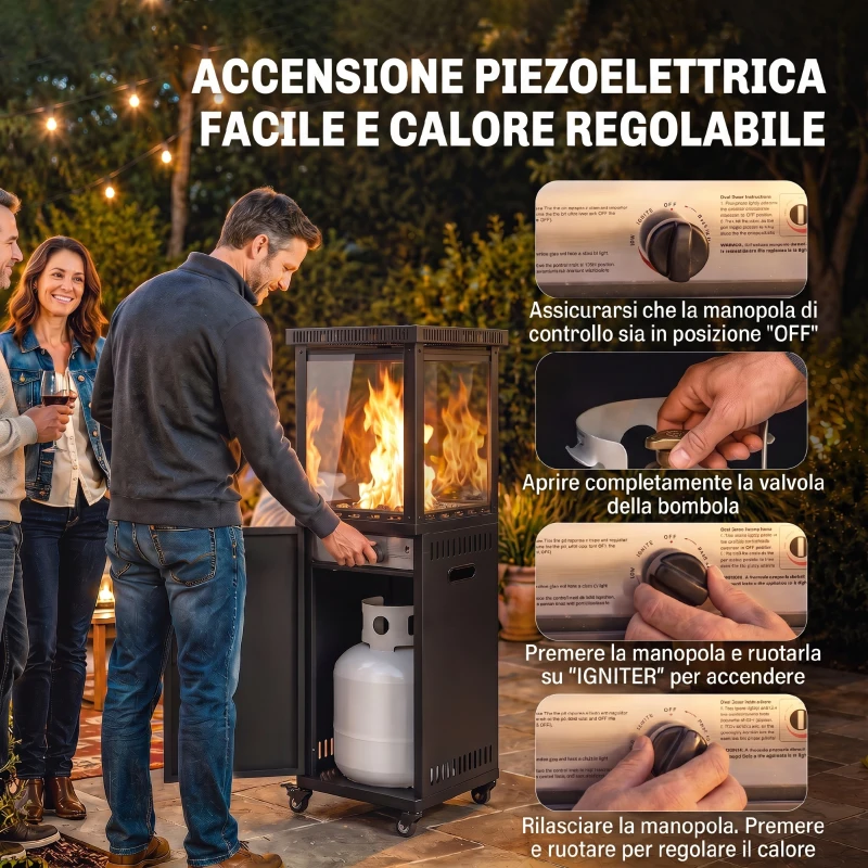 Outsunny Riscaldatore a Gas da Esterno 13 kW, Stufa a Gas Propano Portatile, Regolazione Continua Calore