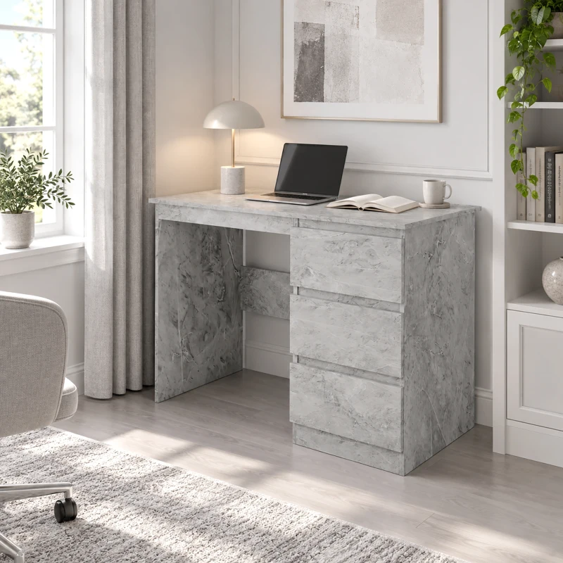 HOMCOM Scrivania Ufficio con 3 Cassetti 100x50 cm, Scrivania Salvaspazio per Studio Casa Ufficio, Grigio Effetto Marmo