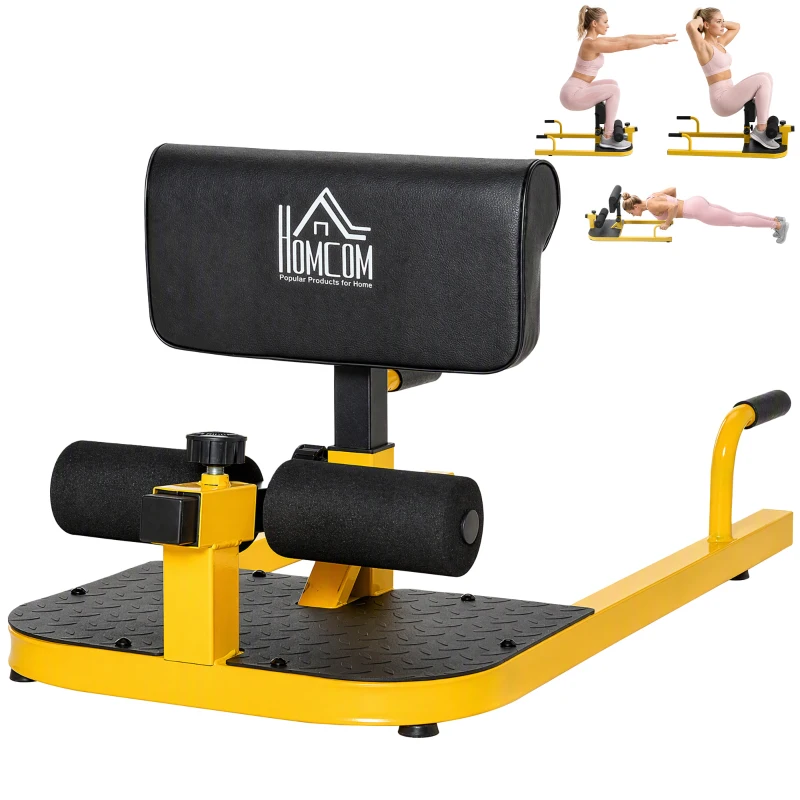 HOMCOM Ławka treningowa do przysiadów, trenażer nóg, trening nóg brzucha pośladków 3w1, do 120 kg, stal, żółty 50x97x(44,5–56,5)cm