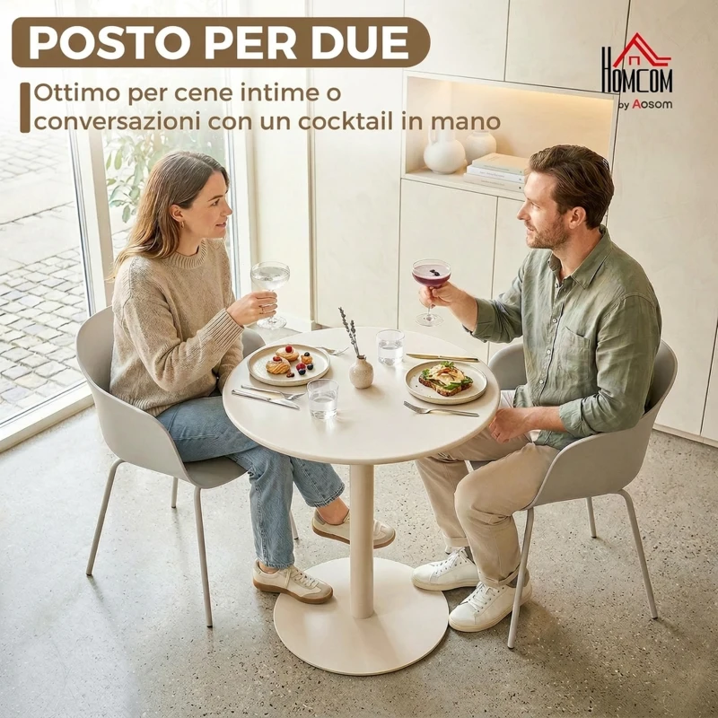 HOMCOM Tavolo da Cucina Rotondo per 2 Persone dal Design Moderno, Tavolo da Pranzo in Acciaio, Ø60x72 cm, Beige