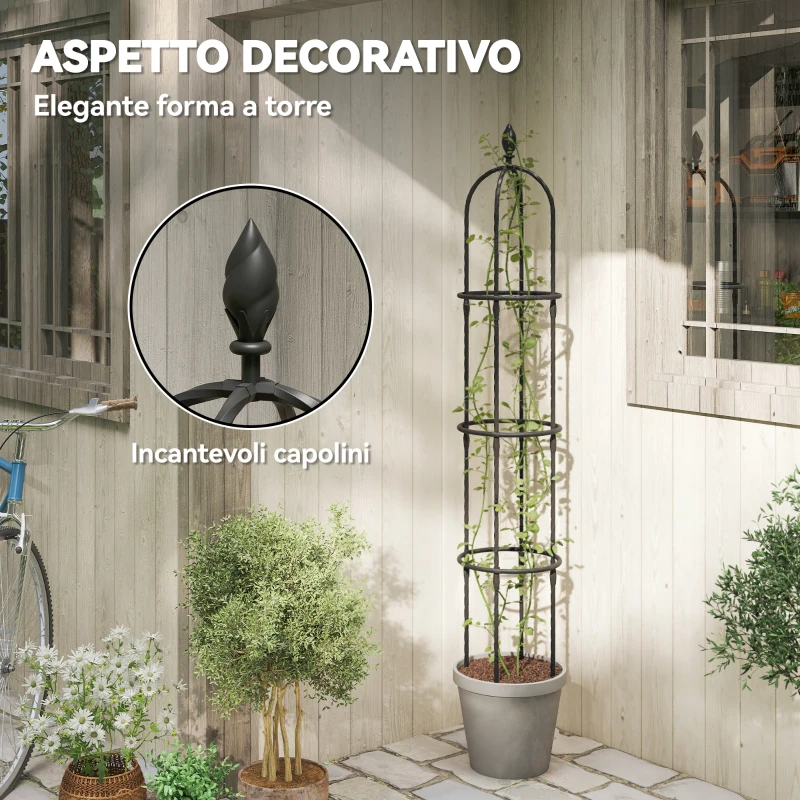 Outsunny Set 2 Supporti per Piante Rampicanti Alti 1.7 m in Acciaio Antiruggine con Decorazioni, Nero