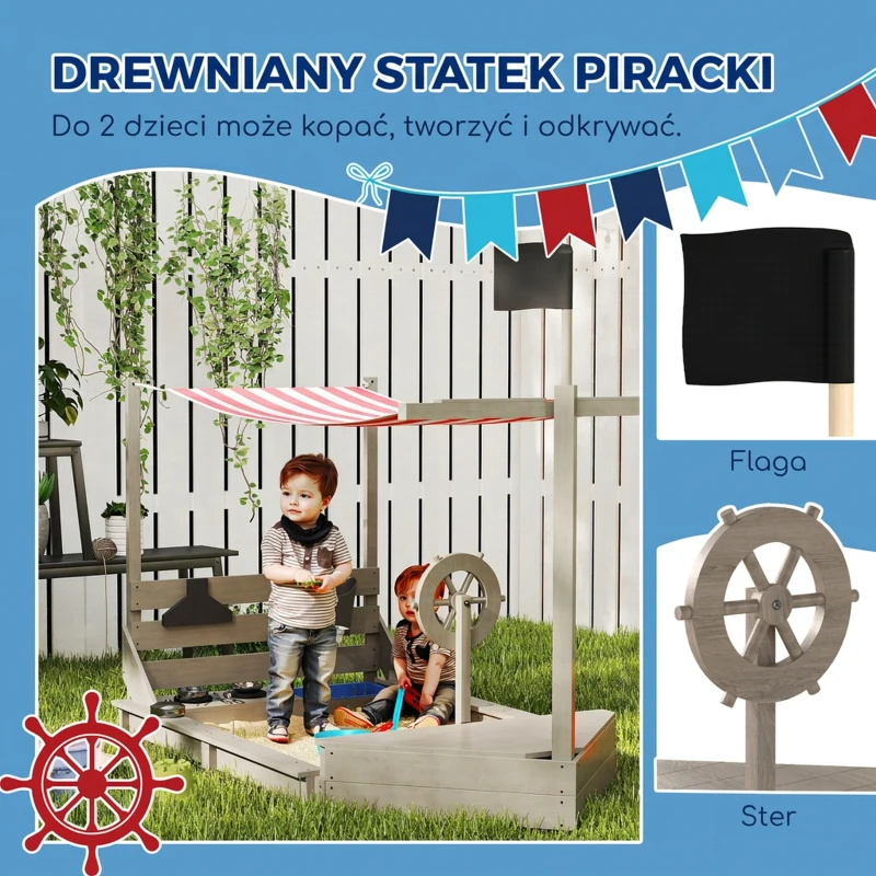 Drewniany piaskownica w kształcie statku z pokrywą i zestawem kuchennym