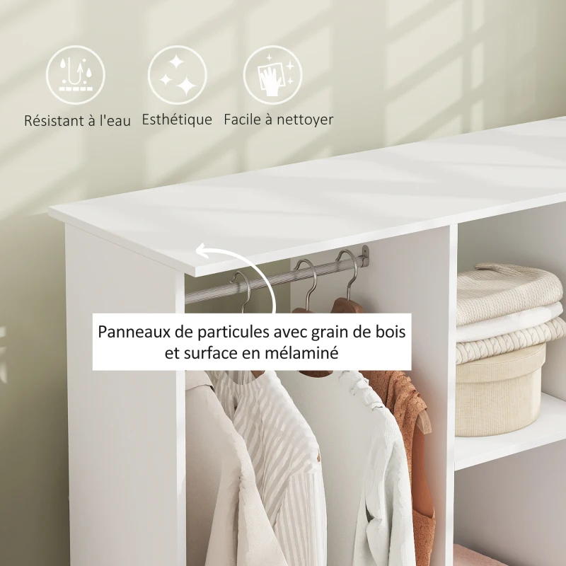 HOMCOM Armoire penderie meuble de rangement mobile 6 roulettes 120 x 40 x 128 cm en bois blanc