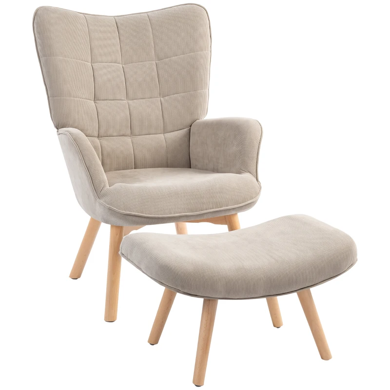 HOMCOM Fotel Relaksacyjny Zestaw z Podnóżkiem Skandynawski Design Drewno Bukowe Szary