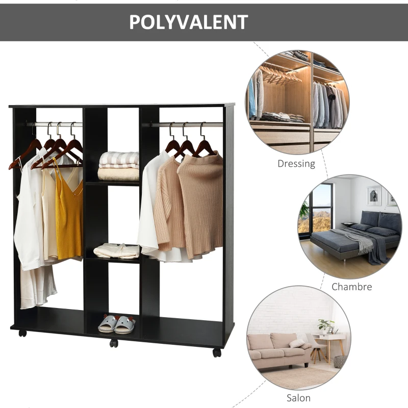 HOMCOM Armoire penderie Meuble de Rangement Mobile 6 roulettes 120L x 40l x 128H cm en bois Noir