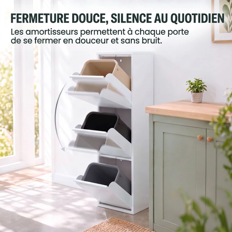 HOMCOM Meuble Poubelle de Tri Sélectif, Poubelle de Recyclage 45 L (3 x 15 L), 3 Compartiments, Portes à Fermeture Douce, Blanc