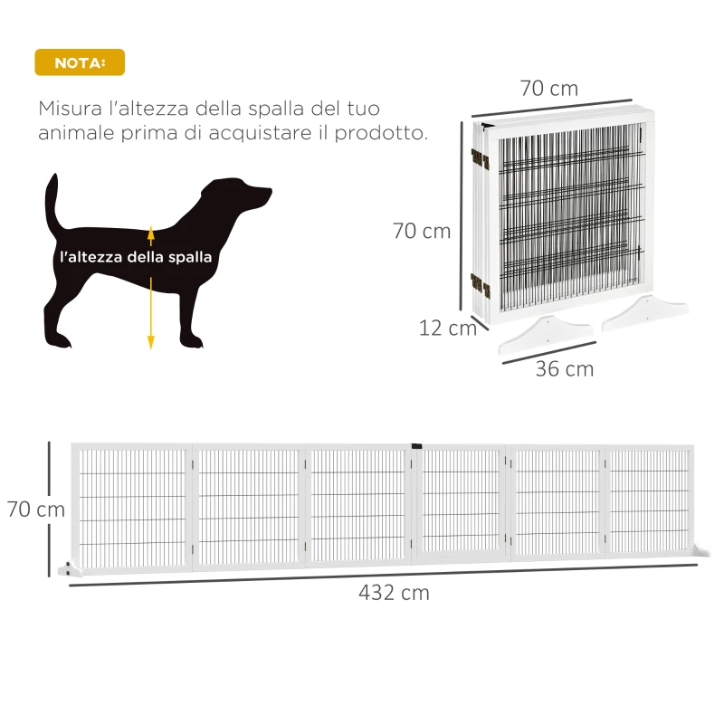 PawHut Cancelletto per Cani di Piccola/Media Taglia a 6 Pannelli Pieghevoli, in Legno e Acciaio, 432x36x70 cm, Bianco