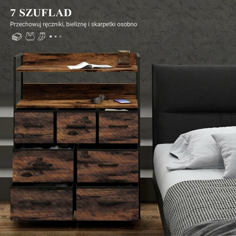Komoda z 7 szufladami, 2 półki, brązowa, stylowa organizacja