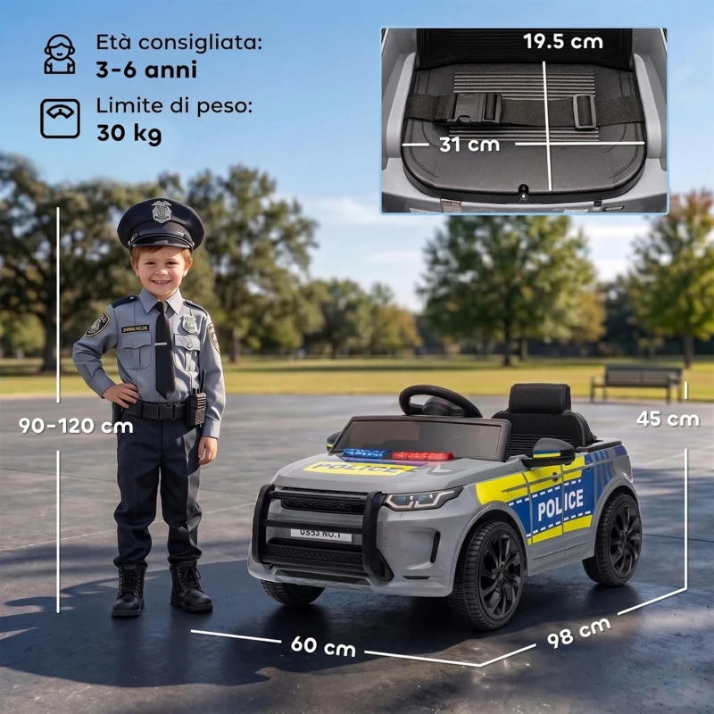 AIYAPLAY Auto Elettrica Polizia 12V con Telecomando, 2 Motori, Luci, Sirena, Musica e Clacson,  3-6 Anni, Grigio
