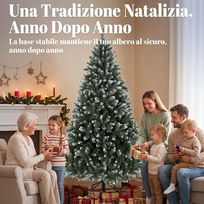 HOMCOM Albero di Natale Innevato 180 cm con 802 Rami, 59 Pigne, Effetto Realistico, Base Pieghevole in Metallo