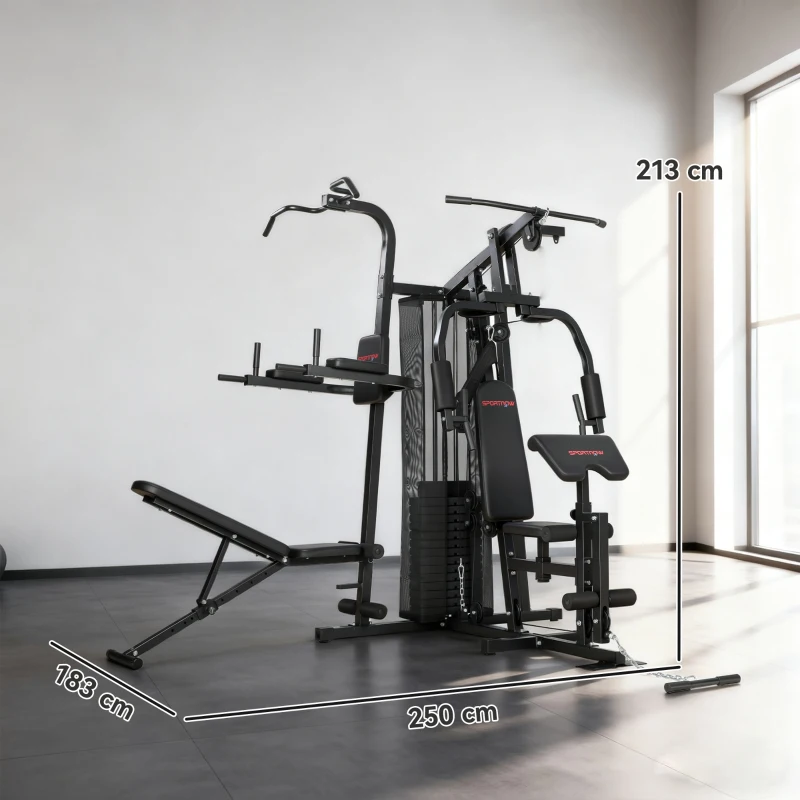 SPORTNOW Palestra Multifunzione, Stazione Fitness Multifunzione con Sistema a Pulegge, Pacco Pesi da 69 kg, Nero