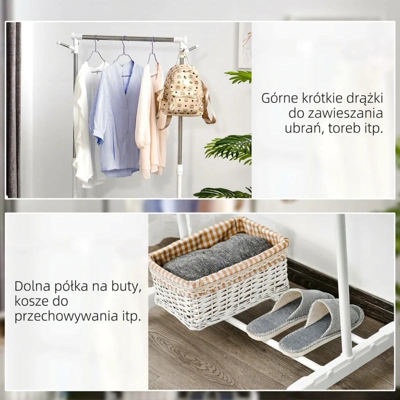 HOMCOM Mobilny wieszak na ubrania z regulowaną wysokością, z dolną półką, 4 koła, Biały