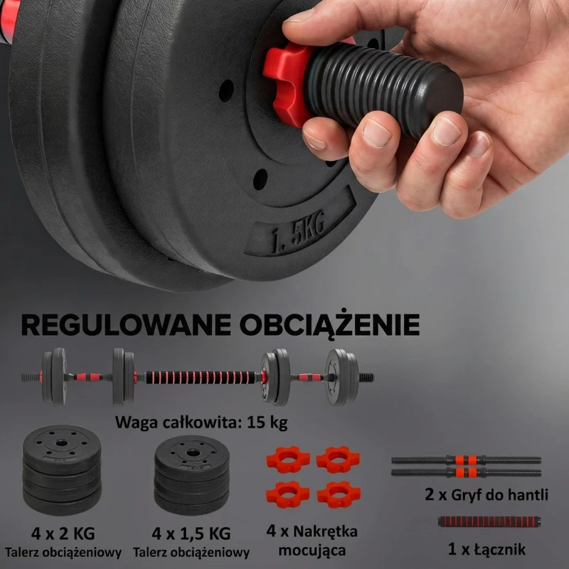 HOMCOM 2 w 1 Zestaw Hantli 15 kg Regulowane Hantle i Sztanga Profesjonalny Sprzęt Treningowy Czarny