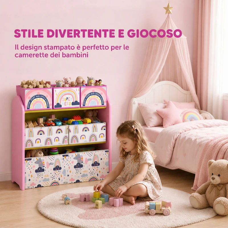 AIYAPLAY Scaffale Portagiochi Bambini a 3 Livelli con 6 Contenitori, Tema Ragazza Rosa, per Cameretta e Sala Giochi