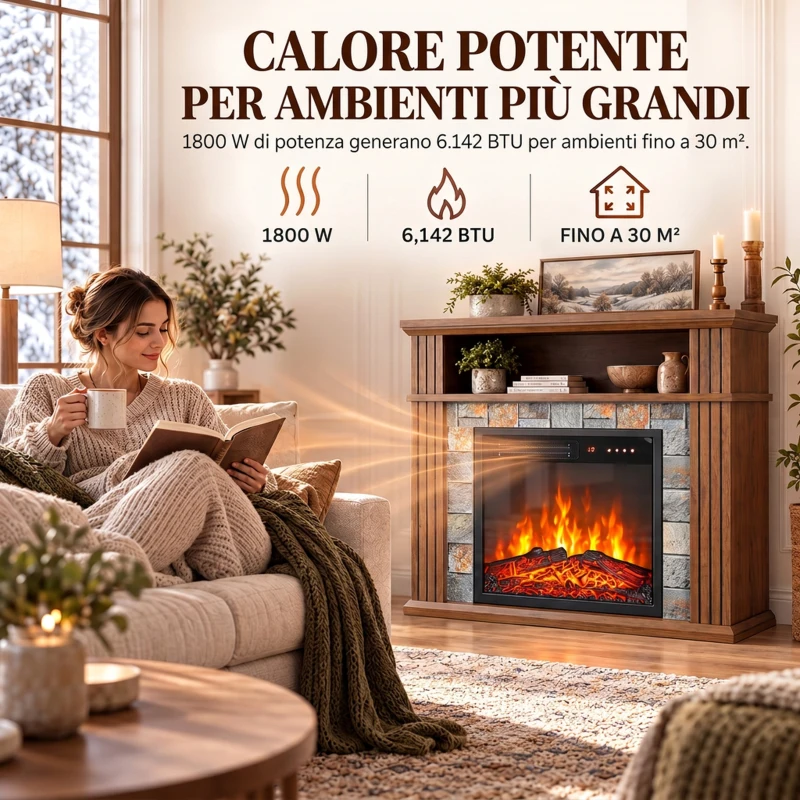 HOMCOM Camino Elettrico da Terra/Incasso per TV 36'' con Cornice e Ripiano, 1800W, Effetto Fiamma 3D, Ceppi, Marrone