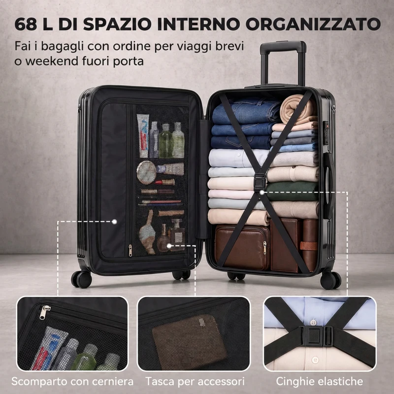 HOMCOM Valigia Rigida Media 68L, Bagaglio Espandibile ABS con 4 Ruote Girevoli, Angoli Protettivi, 66x43x27 cm, Nero