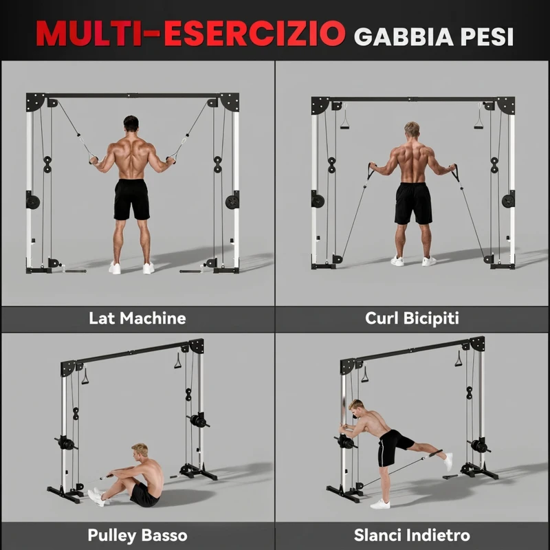 SPORTNOW Lat Machine con Pulegge Regolabili, Stazione a Cavi Pulldown 4 Maniglie Carico Pesi Regolabile, Casa Palestra