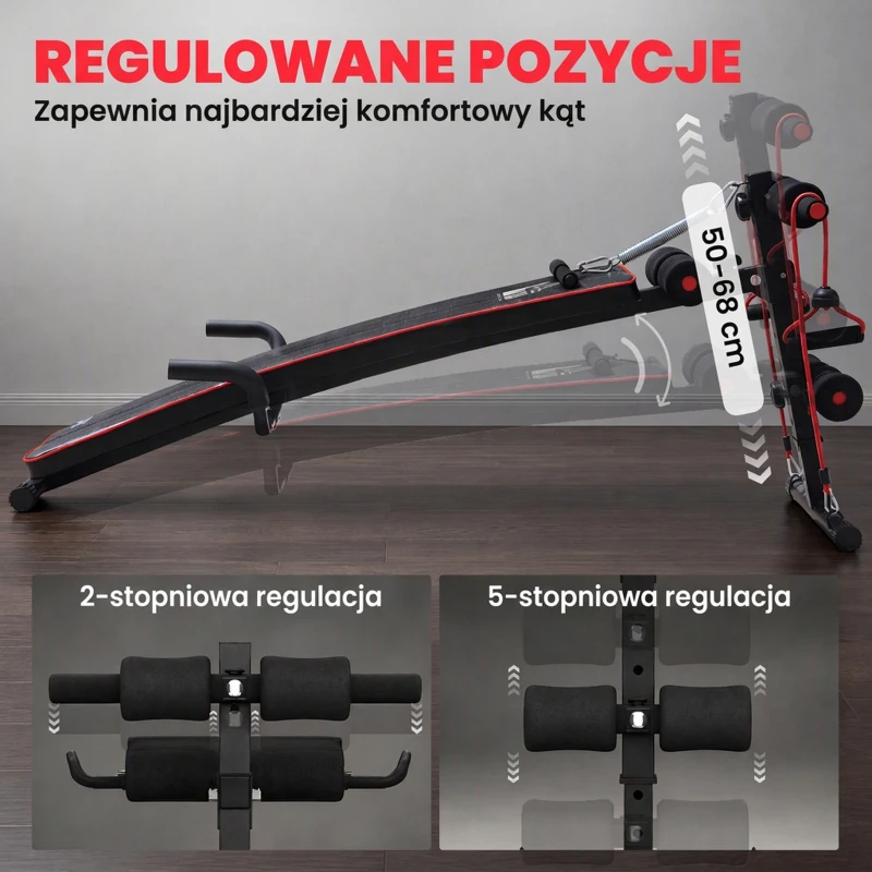HOMCOM® ŁAWKA SIT UP DO ĆWICZEŃ MIĘŚNI BRZUCHA TAŚMA OPOROWA TRENINGOWA stal + PCV czarny + czerwony 56,5 x 135 x (50–68) cm