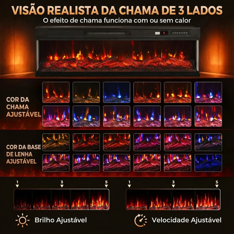 HOMCOM Lareira Elétrica de Encastrar ou Independente 750/1500W, 3 Lados, 12 Cores de Chama 3D, Termóstato, Telecomando, Preta