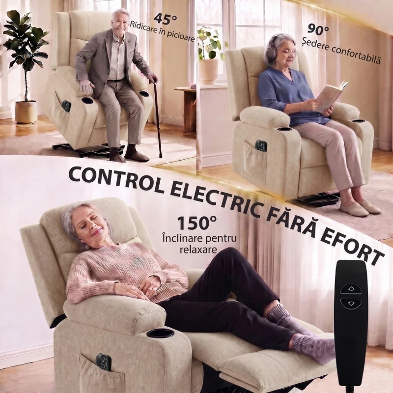 HOMCOM Fotoliu Electric cu Ridicare și Reclinare, Încălzire, Masaj, Efect In, 2 Telecomenzi, Crem