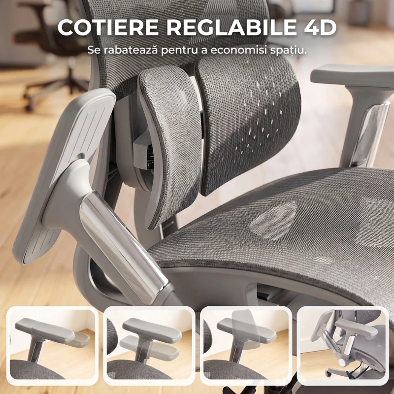 HOMCOM Scaun de birou ergonomic cu suport pentru picioare și plasă respirabilă, gri