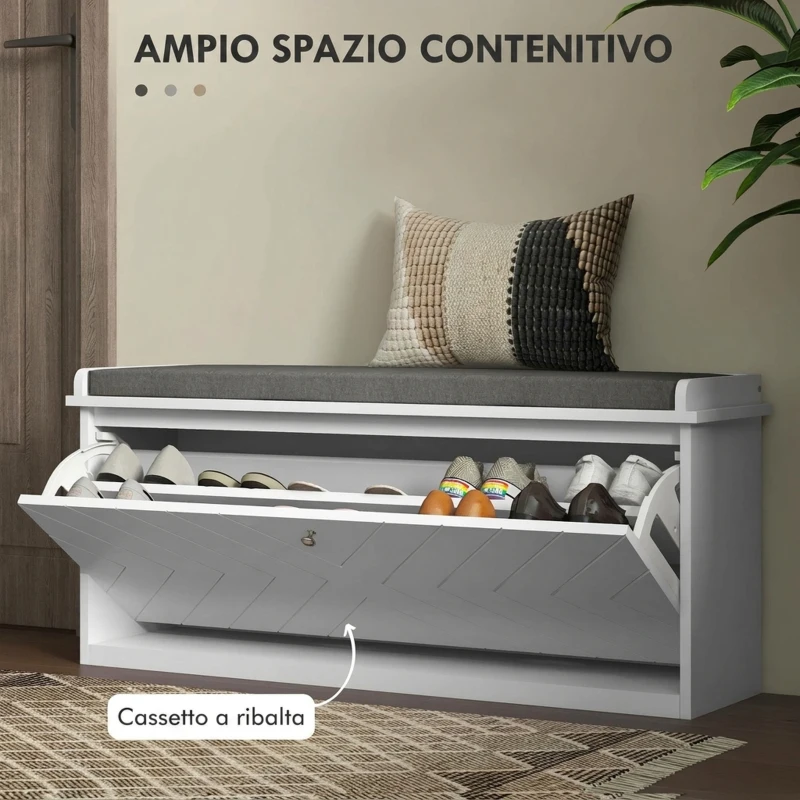 HOMCOM Panca Scarpiera Salvaspazio con Cassetto Ribaltabile, Cuscino e Ripiano Regolabile per 10 Paia di Scarpe, Bianco