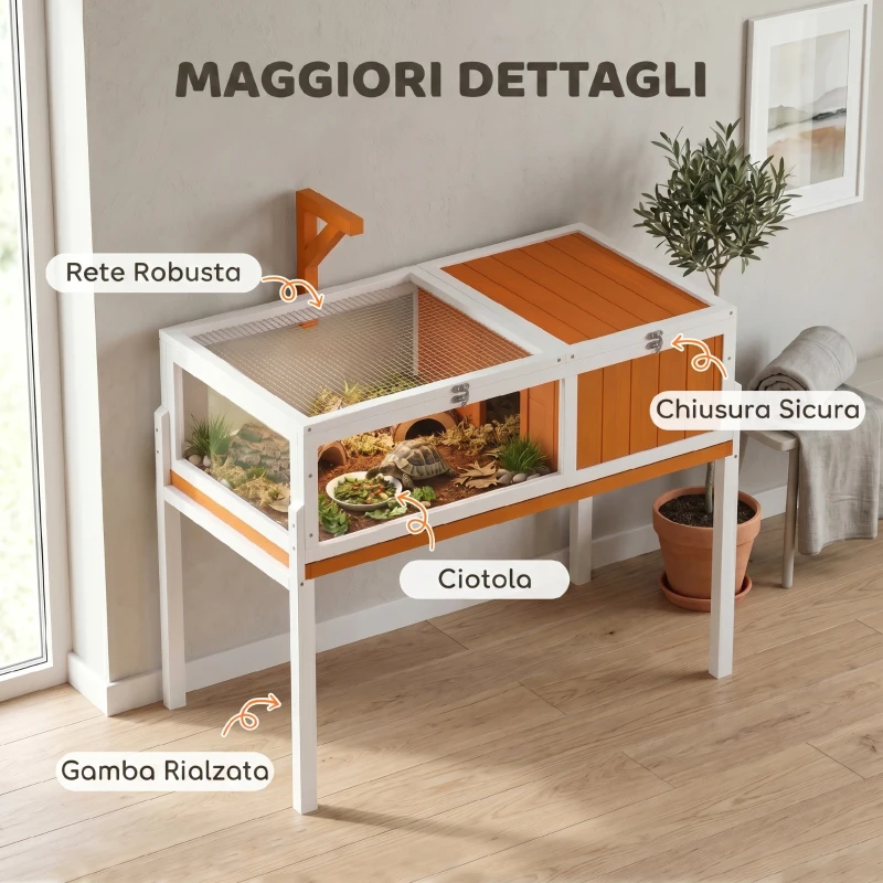 PawHut Casetta Tartarughe Rialzata con Divisorio, Vassoio Estraibile, in Legno e PS, 104x53x82 cm, Arancione e Bianco