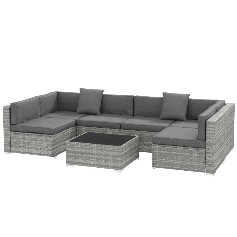 Outsunny Ensemble salon de jardin 7 pièces modulables table basse plateau verre trempé coussins déhoussables inclus gris
