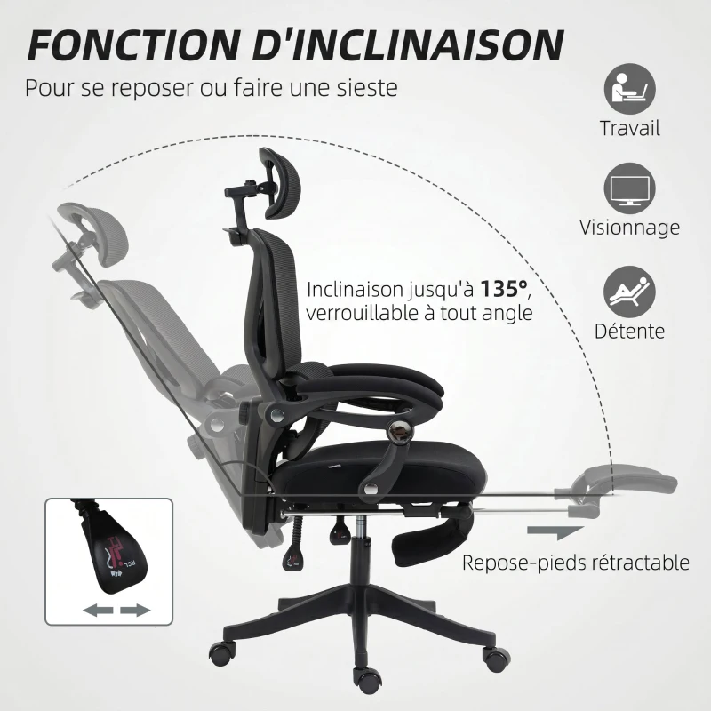 HOMCOM Chaise Bureau Ergonomique avec Appui-Tête Réglable, Fauteuil de Bureau Inclinable en Maille, Dossier Séparé, Noir